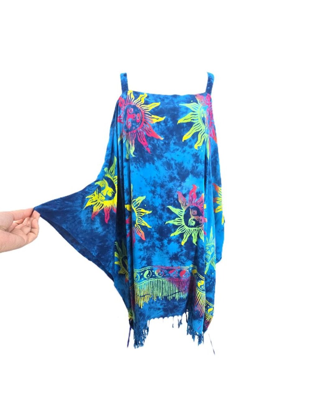 VTG PINEAPPLE MOON Cover Up Women's Blue Yellow Sun One Size Kaftan Fringe Rayon